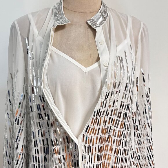 Boston Proper White & Silver Sequin 2 Pc Button-Front Blouse Small NWT - Picture 5 of 8